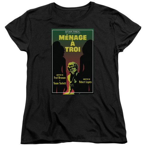 Image for Star Trek the Next Generation Juan Ortiz Episode Poster Womans T-Shirt - Season 3 Ep. 24 Menage a Troi on Black