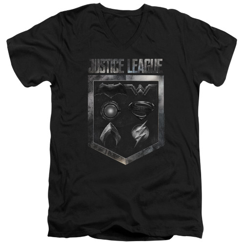 Image for Justice League Movie V Neck T-Shirt - Shield of Emblems