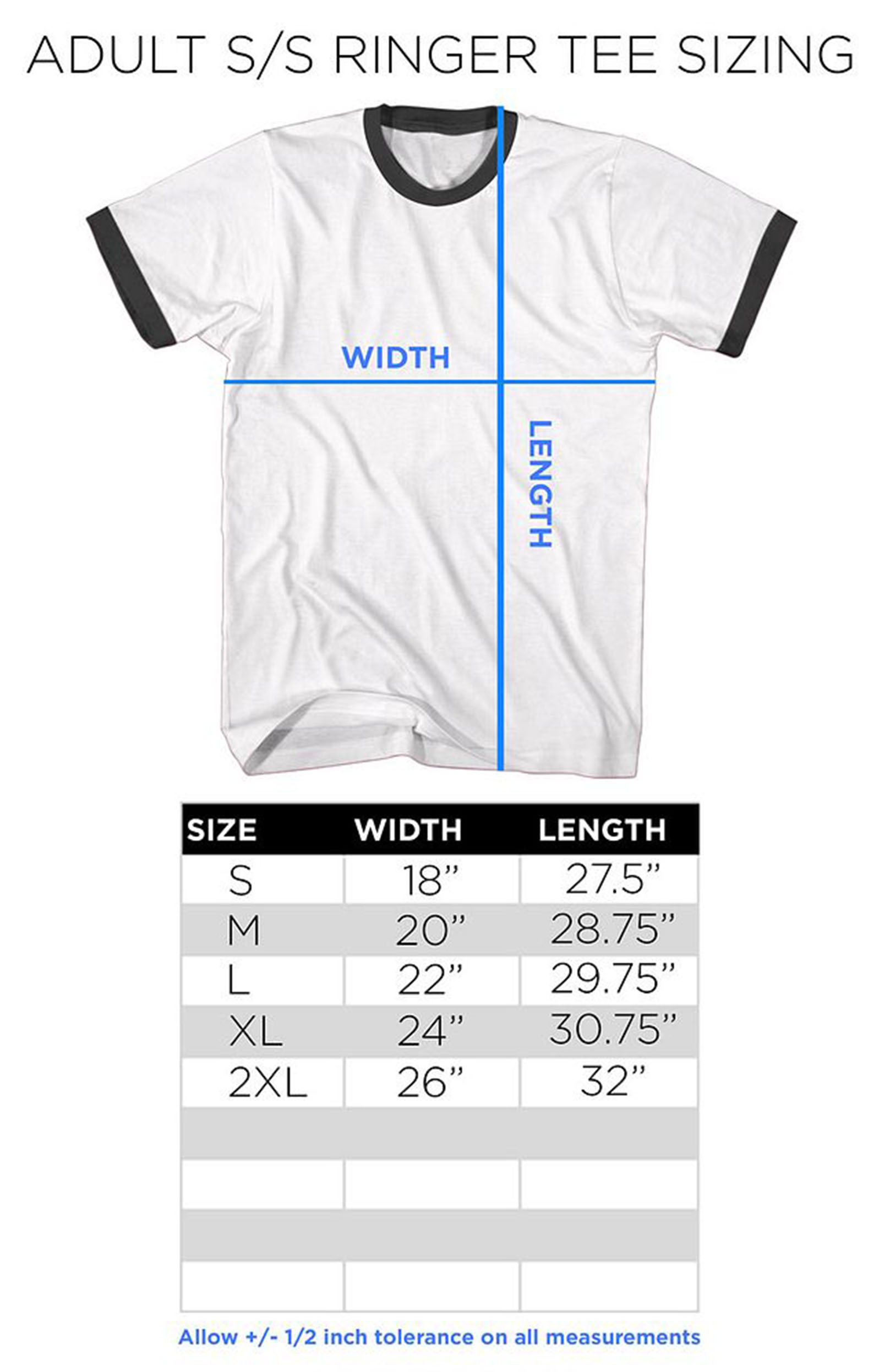 Size chart for Weezer - Colored Band Logo Ringer T-Shirt