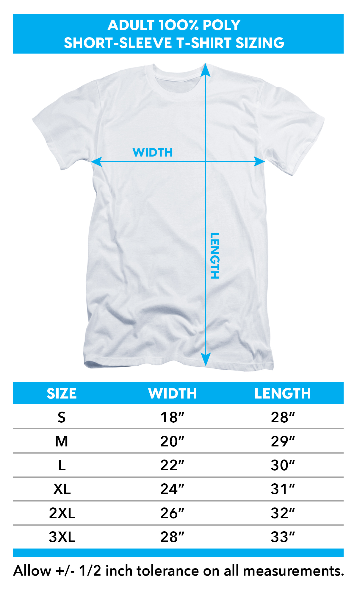 Sizing Chart for Star Trek Enterprise Blue Print Sublimated T-Shirt