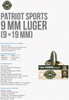 PATRIOT SPORTS LLC 9mm Luger (9x19mm) 1245 Grain Full Metal Jacket P9MM124F