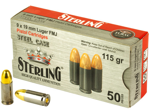 Sterling 9mm Luger (Para, 9x19) STEEL-CASE 115 Grain Full Metal Jacket 8698779957674