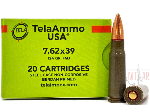TelaAmmo USA 7.62x39mm 124 Grain Full Metal Jacket, Lacquer Coated Steel Cases TELA76239124