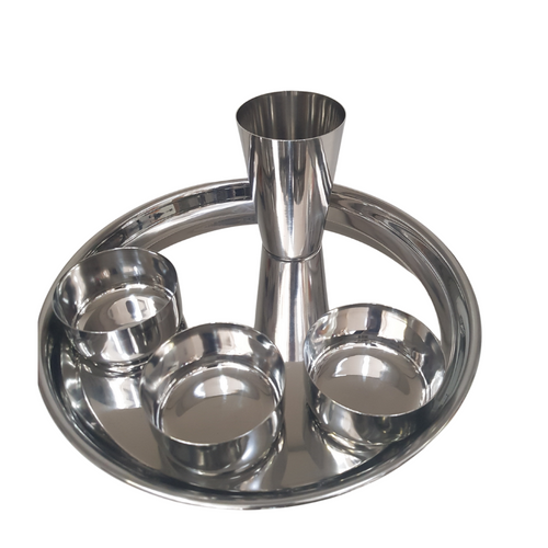 stainless steel thali with 3 bowls and one tumbler
