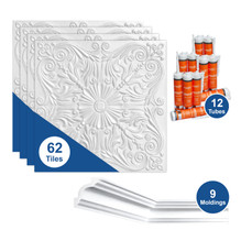 R139 - Plain White Foam Ceiling Tiles Bundle covers 12x12 ft Room with Moldings + Adhesive