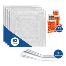 R126 - Plain White Foam Ceiling Tiles Bundle covers 12x12 ft Room with Moldings + Adhesive R126 - Plain White Foam Ceiling Tiles Bundle covers 12x12 ft Room with Moldings + Adhesive