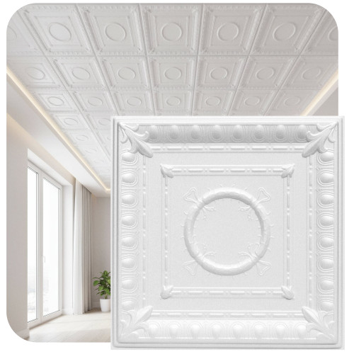 Romanesque Wreath 20 in x 20 in Glue-up Styrofoam Ceiling Tile Pack - #R47 - Plain White - Packs 