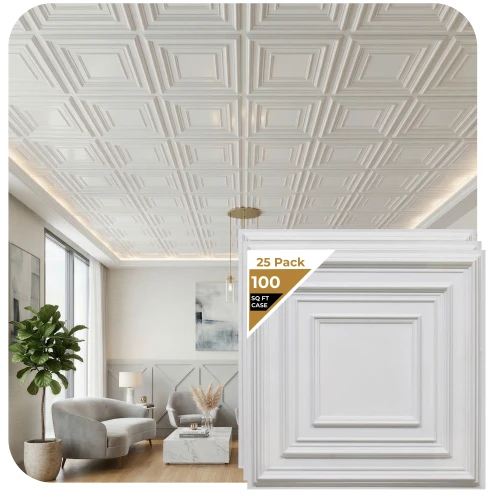 Schoolhouse - Faux Tin Ceiling Tile - #222 - (Pack of 25) / 100 sqft  - White Matte