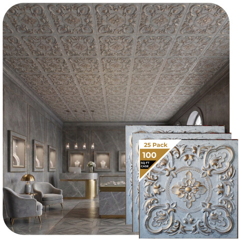 Faux Tin Ceiling Tile - 24"x24" - #DCT 30 - Aged White Gold - 25 pack