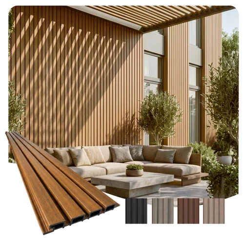 Linear WPC Exterior Wall Slat Siding and Cladding Panels 94.5 in x 8.62 in - Light Walnut and Black - Pack
