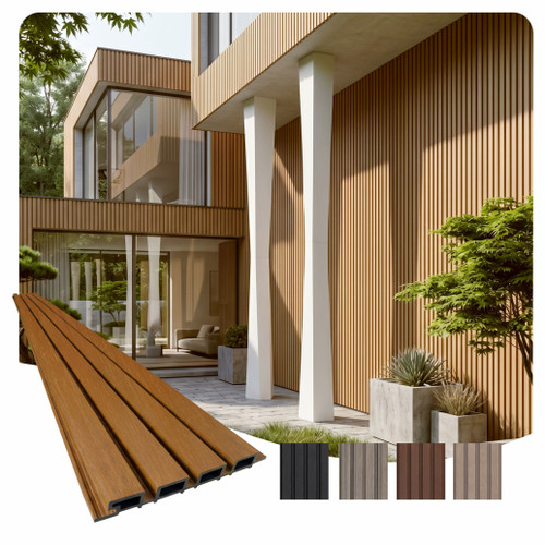 Linear WPC Exterior Wall Slat Siding and Cladding Panels 94.5 in x 8.62 in - Teak - (Pack of 5) / 28.27 sqft
