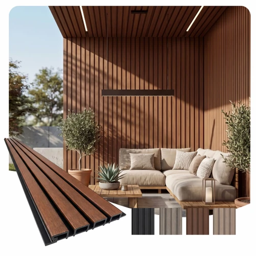 Linear WPC Exterior Wall Slat Siding and Cladding Panels 114 in x 8.62 in - Ipe and Black - (Pack of 5) / 34.2 sqft
