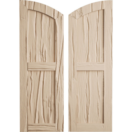 Timberthane Faux Wood Shutters Equal Flat Panel w/ Elliptical Top, Primed Tan + Riverwood