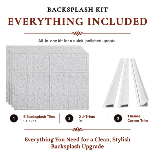 Savannah MirroFlex Distressed White 18 in. x 24 in. Glue-Up PVC Backsplash Kit