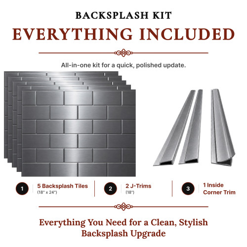 Subway MirroFlex Brushed Stainless 18 in. x 24 in. Glue-Up PVC Backsplash Kit