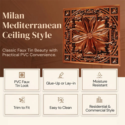 Milan Faux Tin Ceiling Tile #DCT10 - Highlights key product features Milan Faux Tin Ceiling Tile #DCT10 - Highlights key product features