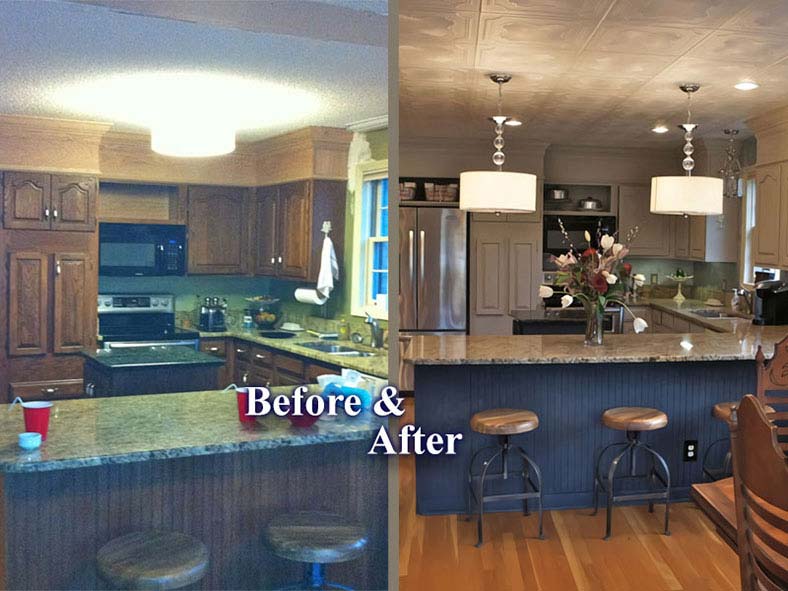 After image of a kitchen by bella tucker. Paitned cabinets, new ceiling lighting fixtures.