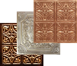 Three decorative glue up ceiling tiles in copper, antique white and antique gold.
