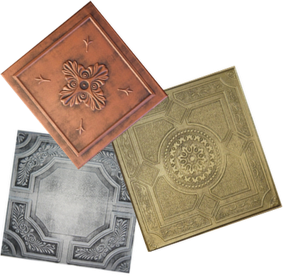 3 decorative hand painted styrofoam ceiling tiles in colors:  antique copper, antique silver, antique brass.