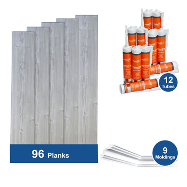 WP92cg Foam Wood Ceiling Planks Bundle covers 12x12 ft Room with Moldings + Adhesive