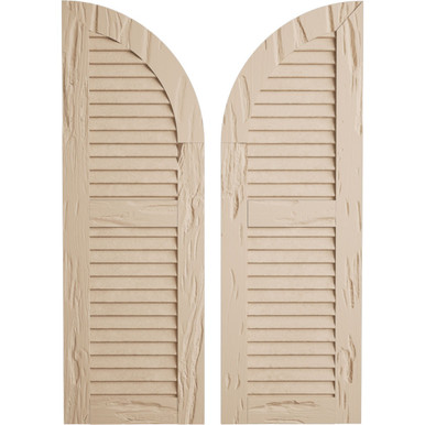 Timberthane Faux Wood Shutters Equal Louver w/ Quarter Round Arch Top, Primed Tan, Sold As Pair