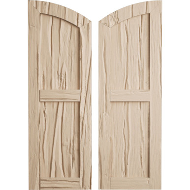 Timberthane Faux Wood Shutters Equal Flat Panel w/ Elliptical Top, Primed Tan, Sold As Pair