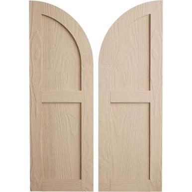 Timberthane Faux Wood Shutters Equal Flat Panel w/ Quarter Round Arch Top, Primed Tan, Sold As Pair