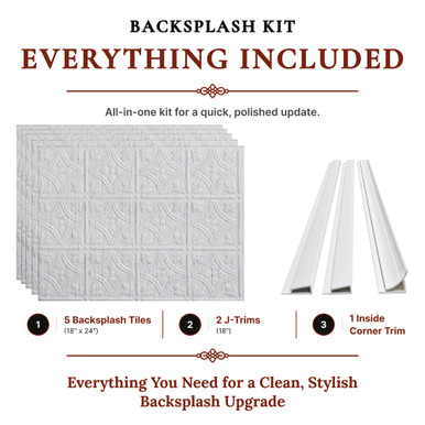 Savannah MirroFlex Distressed White 18 in. x 24 in. Glue-Up PVC Backsplash Kit - Includes 5 Tiles, 2 J-Trims & 1 Inside Corner Trim