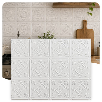 Savannah MirroFlex White Matte 18 in. x 24 in. Glue-Up PVC Backsplash Kit - Includes 5 Tiles, 2 J-Trims & 1 Inside Corner Trim