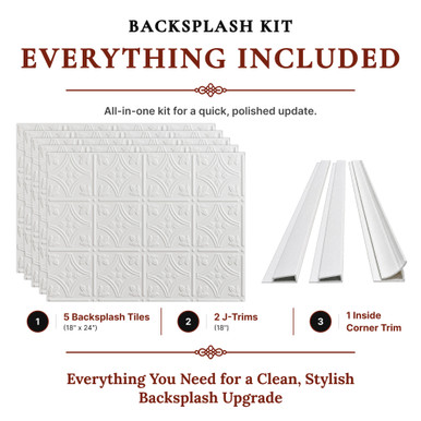 Savannah MirroFlex White Matte 18 in. x 24 in. Glue-Up PVC Backsplash Kit - Includes 5 Tiles, 2 J-Trims & 1 Inside Corner Trim