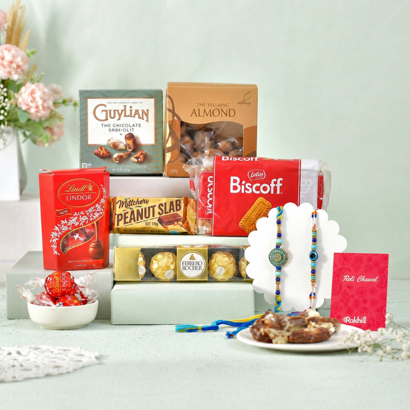 Set of 2 Rakhis With Gourmet Hamper