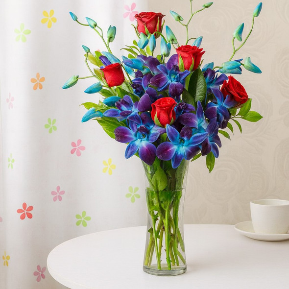 Red Roses with Iris Seasonals