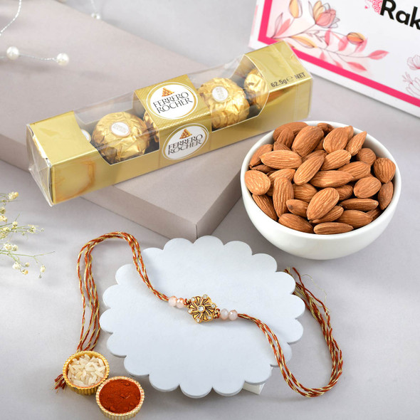 Floral Rakhi Set with Ferrero Rocher and Almonds