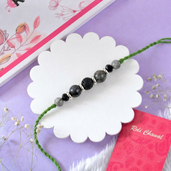 Black Stone Beaded Rakhi with Green Thread