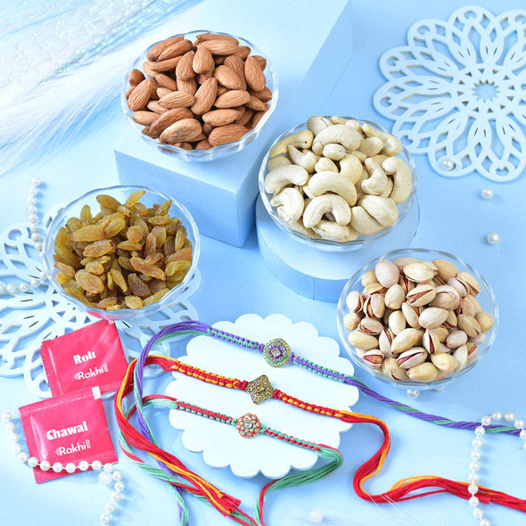Dry Fruits and 3 Hand Crafted Rakhi Set