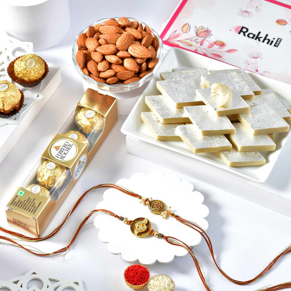 Rakhi Gift of Rocher Chocolate and Kaju Katli with Almond