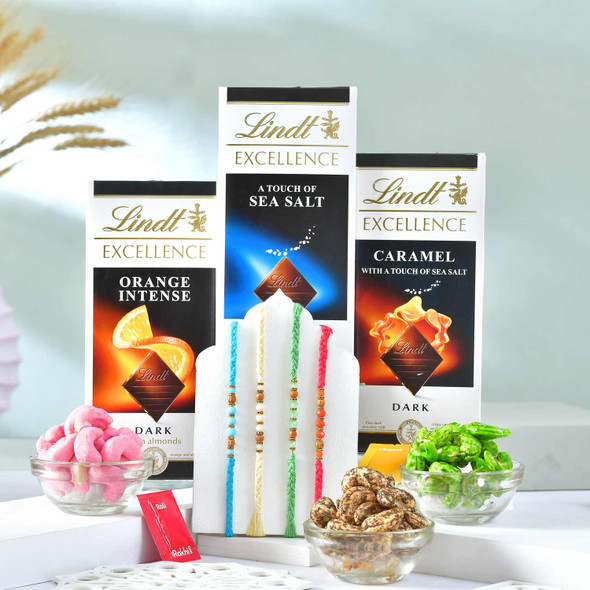 Fascinating Four Rakhi with Flavorful Cashew and Chocolates