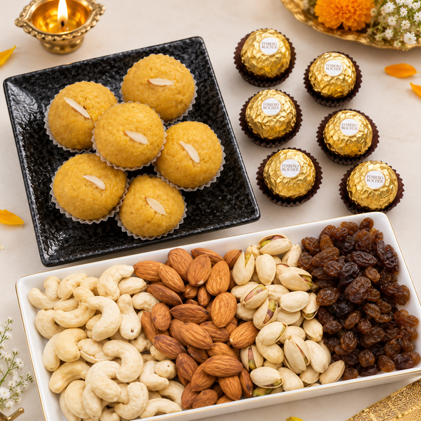 Mix Dry Fruits With Besan Laddu And Ferrero Rocher