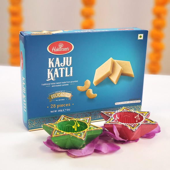 Diwali Hamper Of Kaju Katli And Diyas