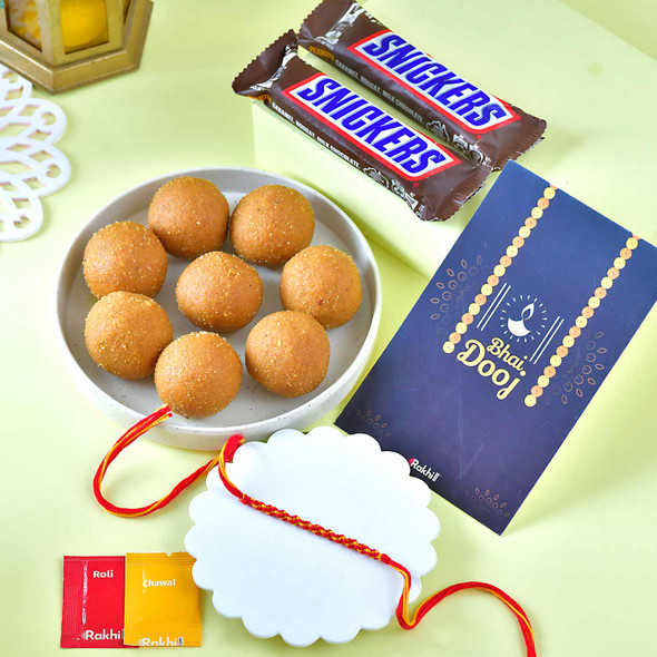 Bhaidooj Kalava With Laddu And Snickers
