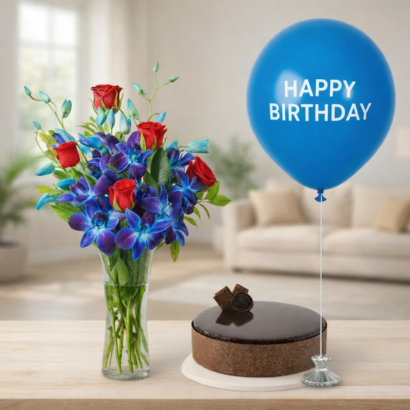 Red Roses Arrangement with Belgian Choc Mud Cake