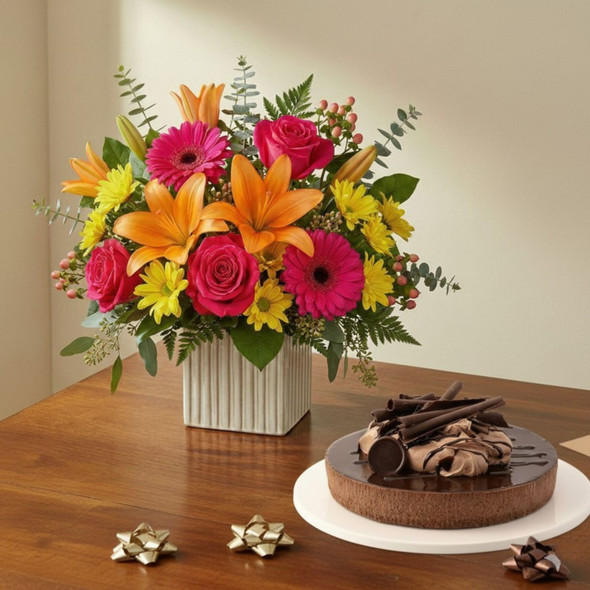 Assorted Flowers Bouquet With Quad Choc Baked Cake