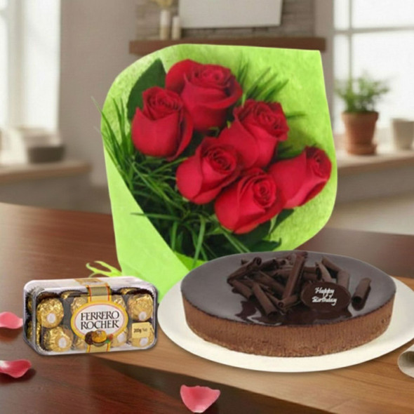 Red Roses With Chocolate Cheesecake & Ferrero Rocher