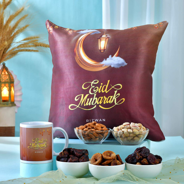 Eid Special Personalized Cushion and Mug with Dryfruits