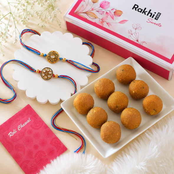 Set of 2 Splendid Rakhi with Besan Laddoo