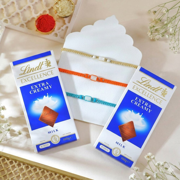 Elegant Rakhi Trio Set with Lindt Chocolates