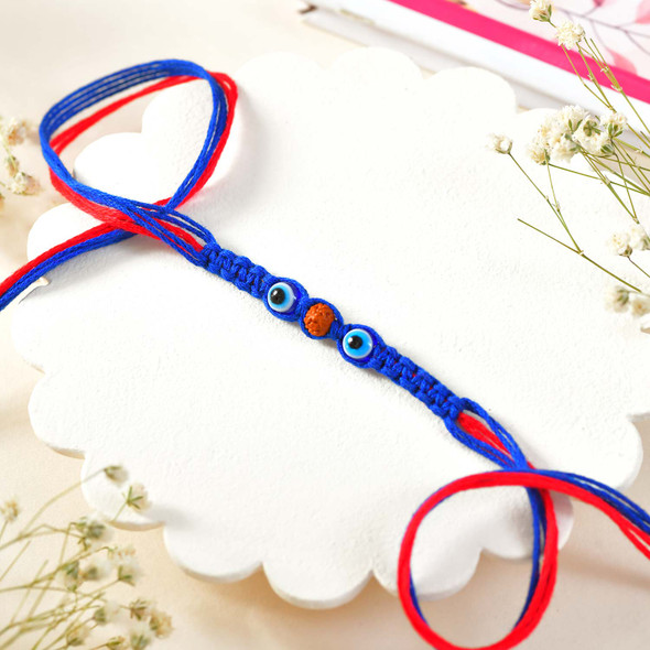 Blue & Orange Beaded Evil Eye Rakhi Set for Bhai