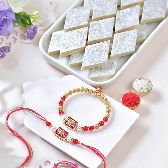 Elegant  Bhaiya Bhabhi Rakhi Combo with Kaju Katli
