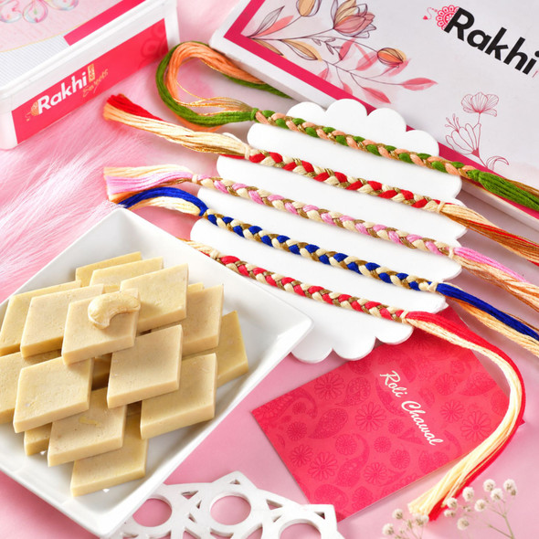 Five Hand Crafted Rakhi With Kaju Katli