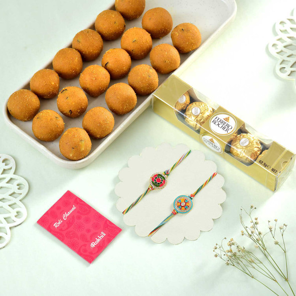 Two Ethnic Rakhi With Besan Laddu & Ferrero Rocher